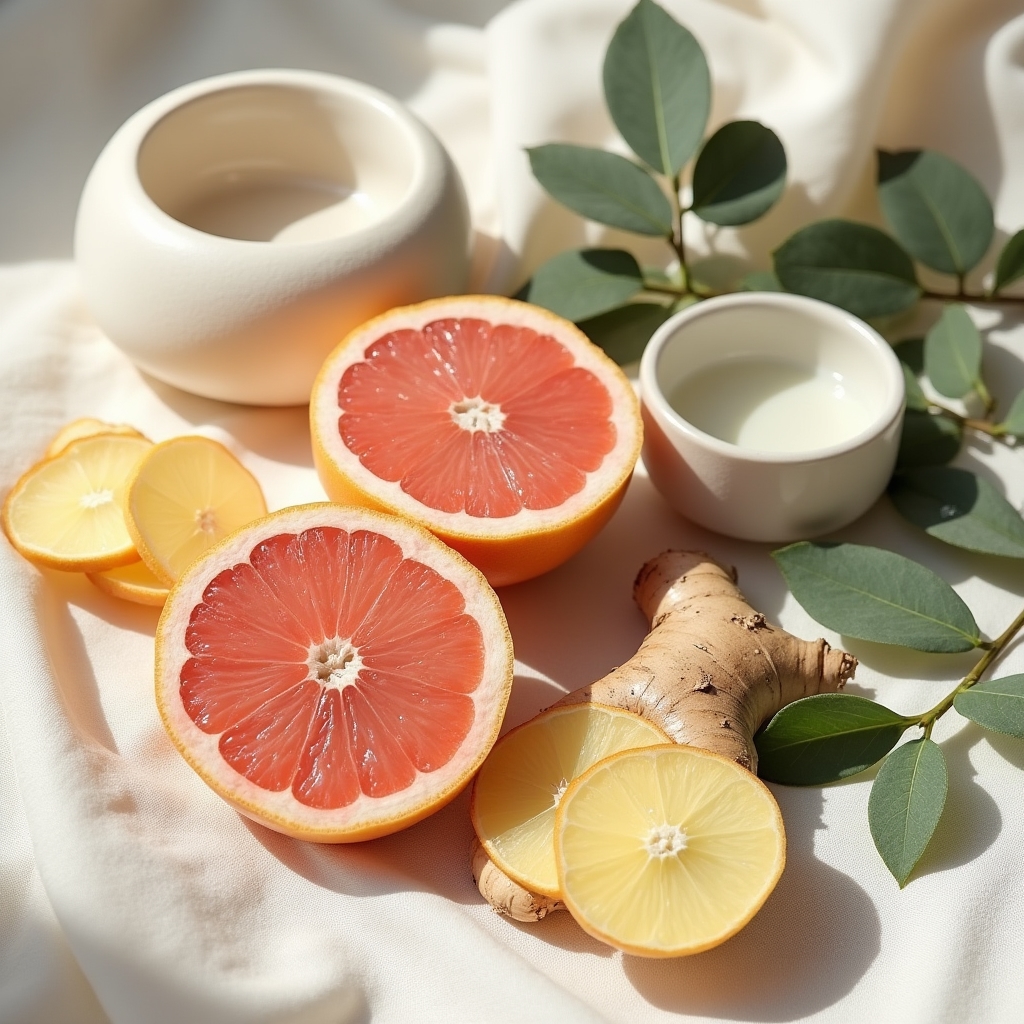 Überkopfansicht von Grapefruit, Ingwerscheiben und Eukalyptusblättern neben einer Diffusorschale