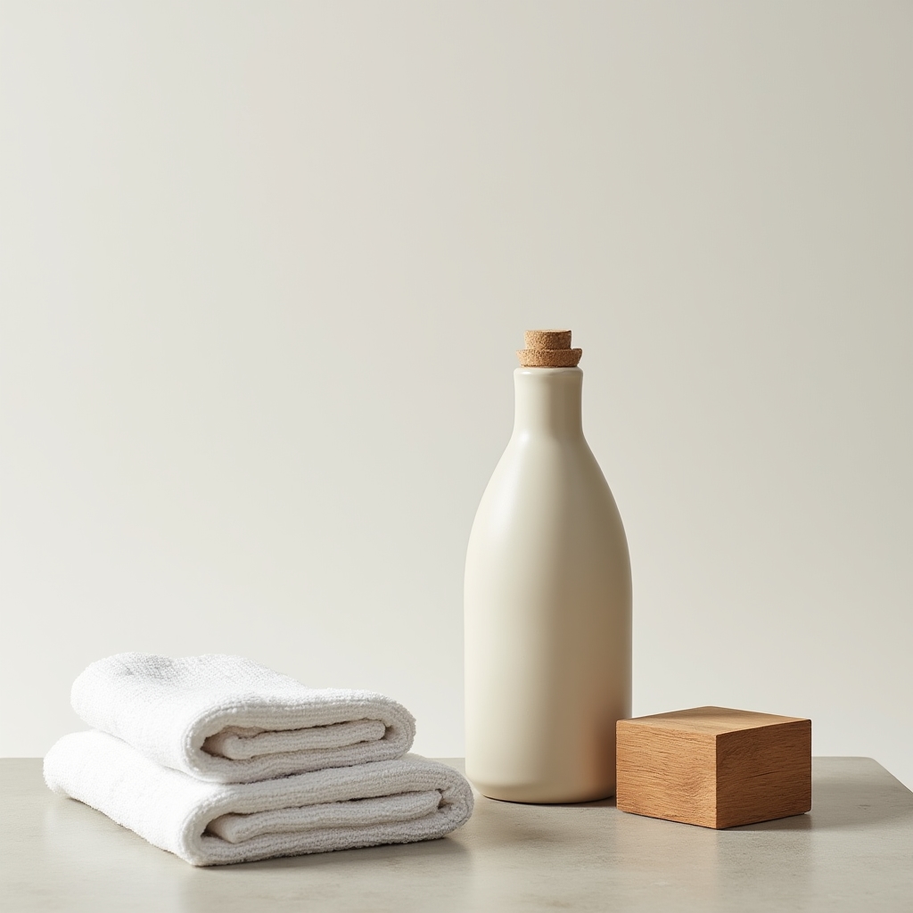 Minimalistisches Stillleben mit heller Ölflasche, Baumwolltuch und Zedernholzstück