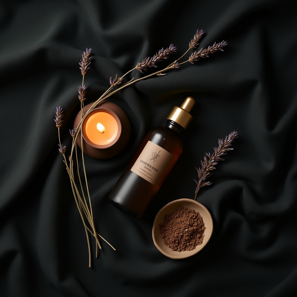Flatlay einer Abendkomposition mit Lavendelzweigen, Kerze und Vetiverflasche auf dunklem Leinen
