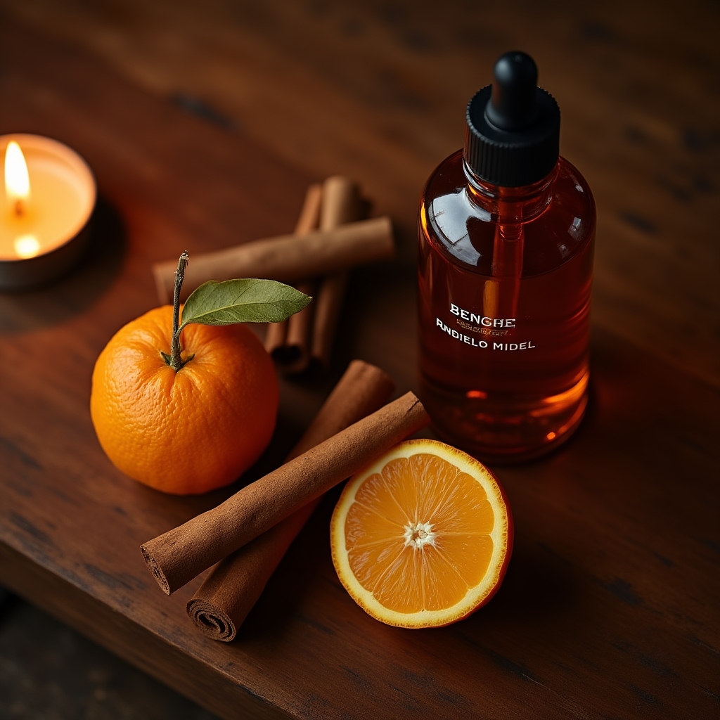 Warm beleuchtete Komposition aus Zimtrinde, Orangenschale und einer Benzoe-Flasche auf Holzuntergrund