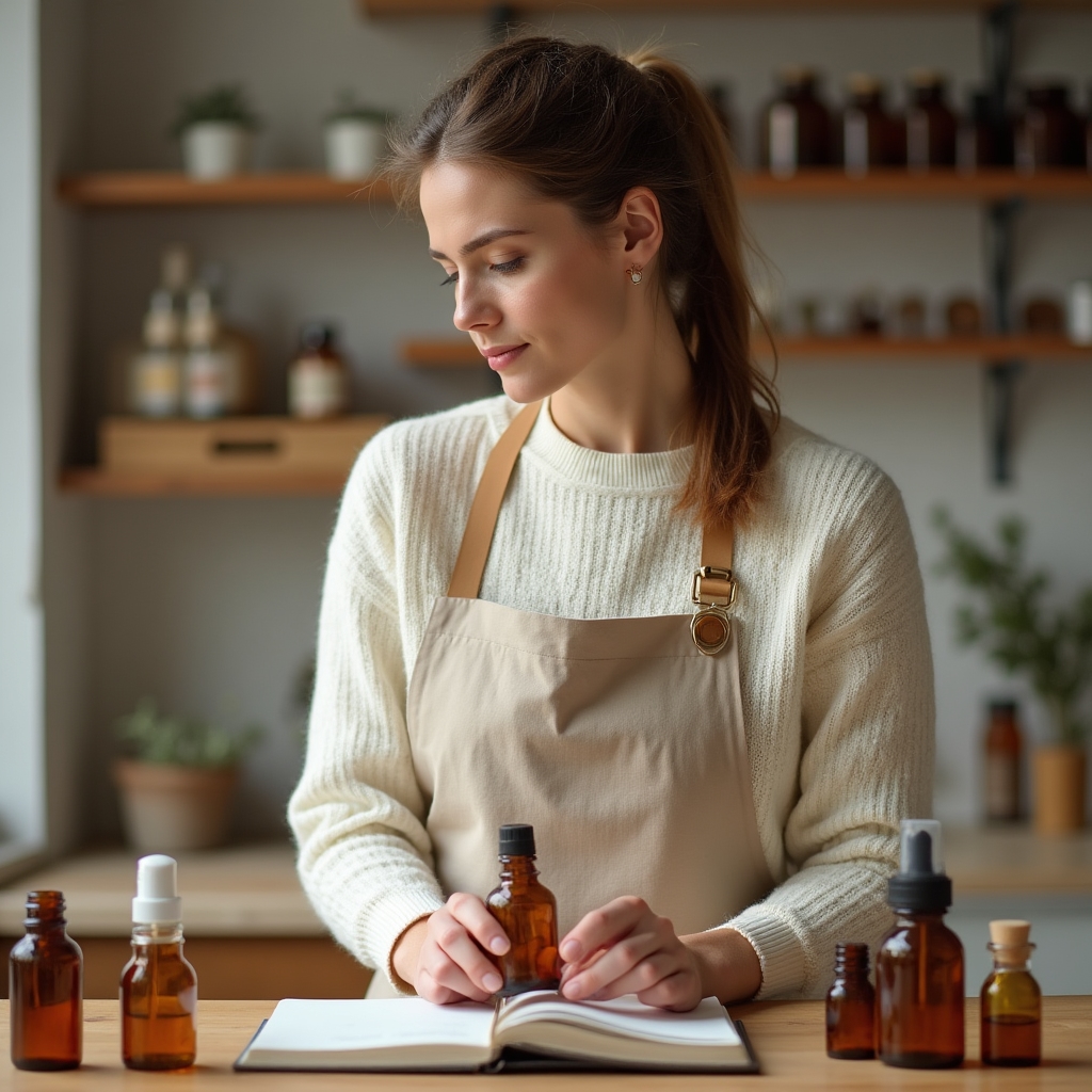 Porträt einer Frau in einem hellen Arbeitsraum, umgeben von Ölflaschen und Notizbüchern