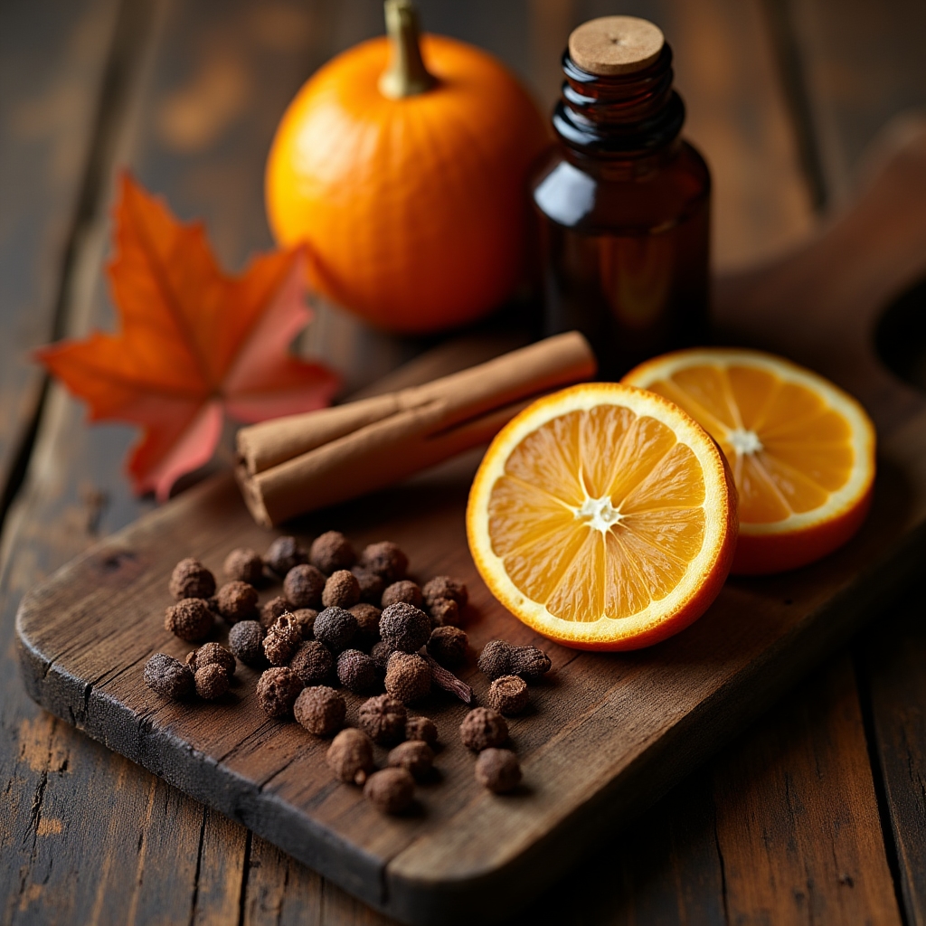 Überkopfansicht von Herbstgewürzen, getrockneten Orangenscheiben und Nelken auf dunklem Holz