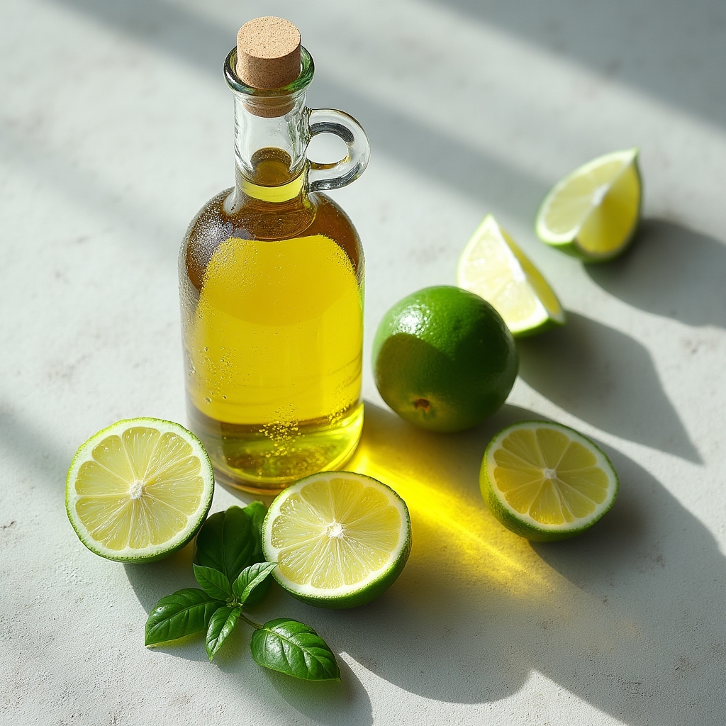 Überkopfansicht von Limette, Basilikumblättern und einer klaren Ölflasche auf hellem Hintergrund